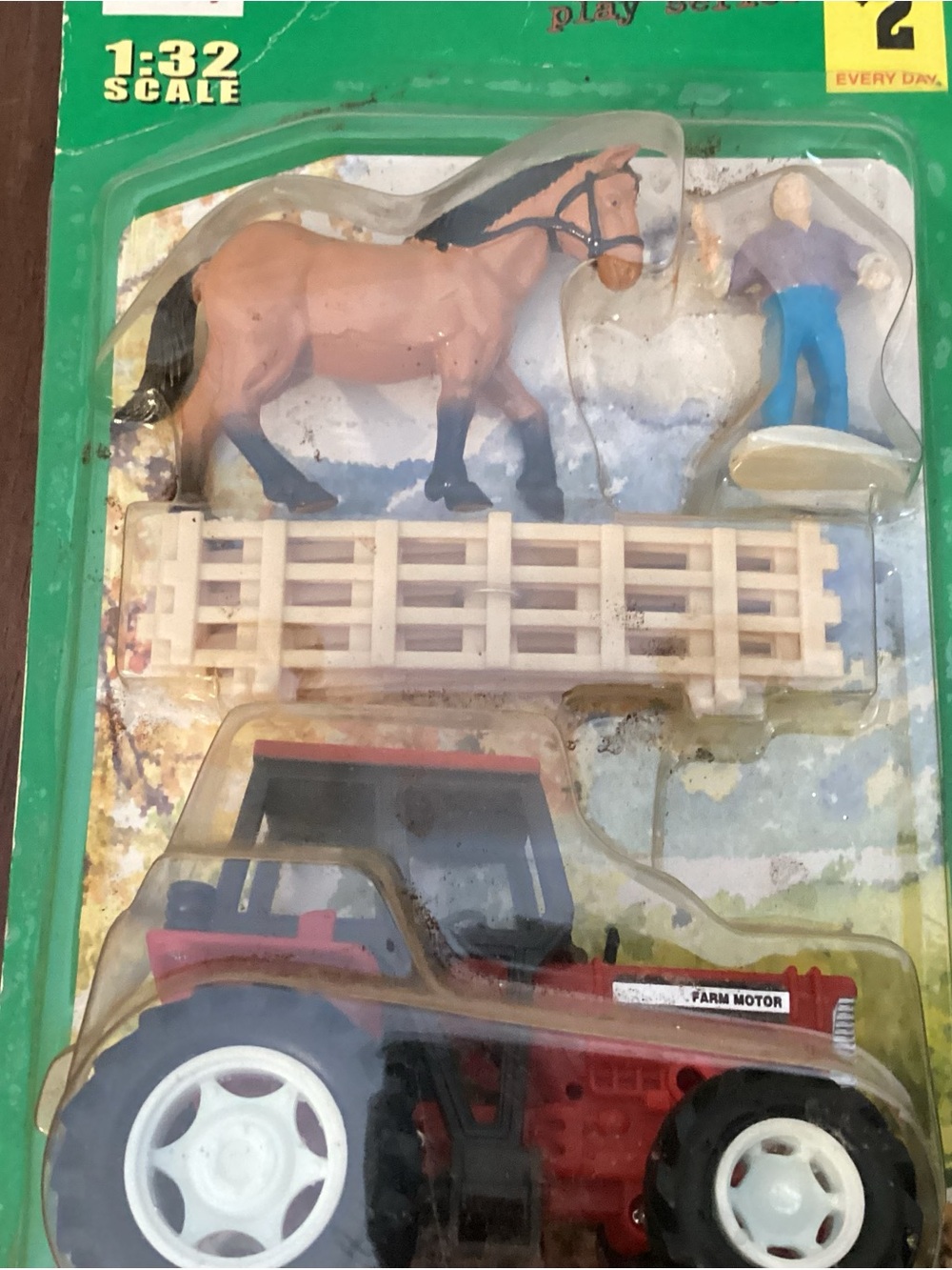Red Toy Farm Tractor Playset with Brown Horse and White Fence